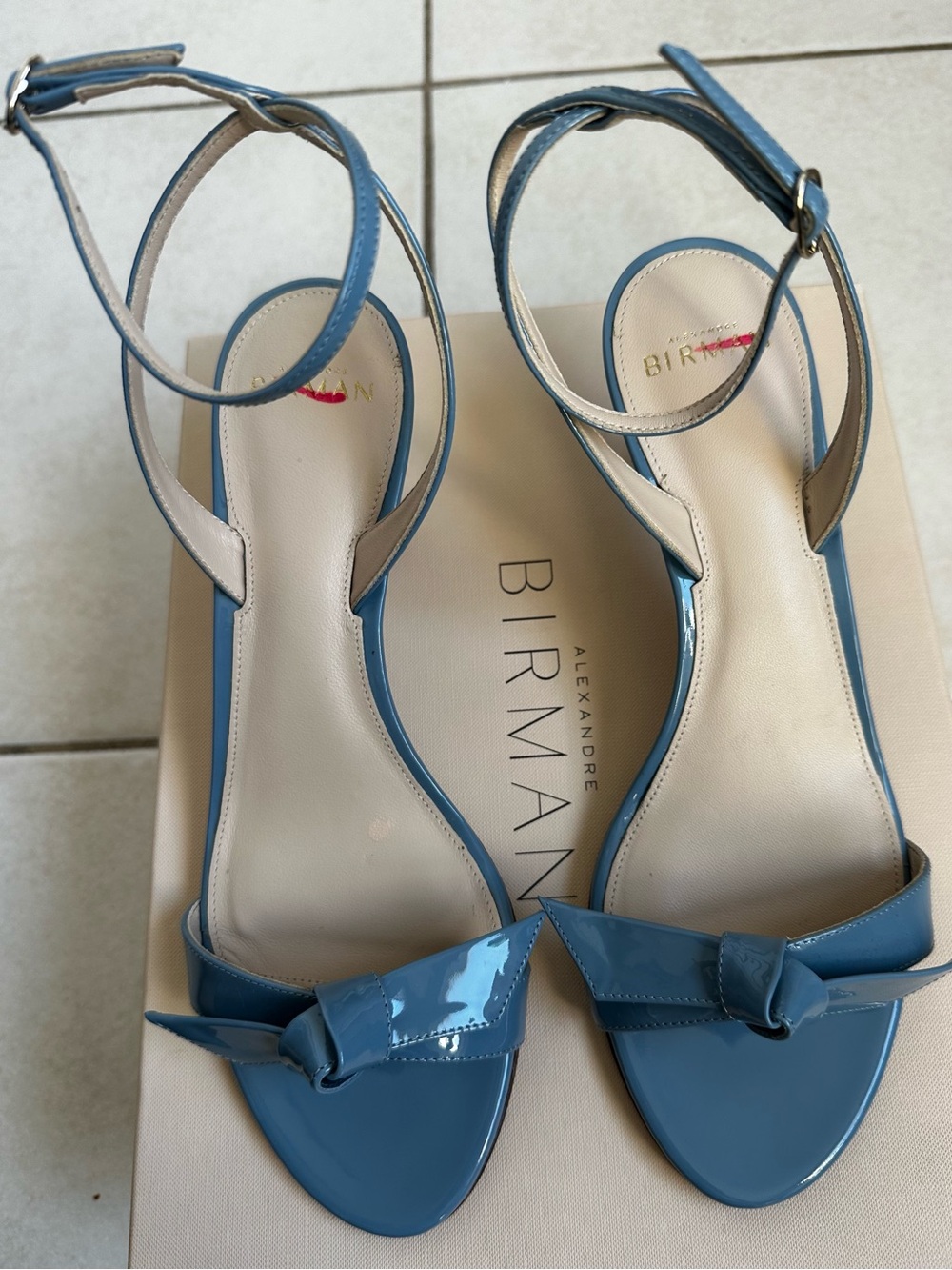 Alexandre Birman Sky Blue Patent Leather Knot Ankle-Strap Sandals